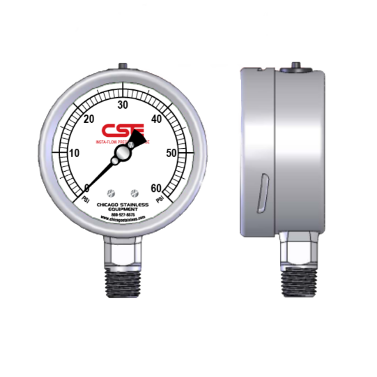 (2N-C-1/4NPT-GF-BT) CSE Insta-Flow SS Industrial Pressure Gauge, 0-60PSI