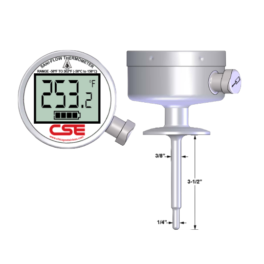 (DT-2U-BK-DF-1) CSE Sani-Flow Digital Thermometer, 2" Tri-Clamp, 1 Second Update Interval, Back Mount